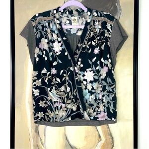 Tiny Gray Floral Metallic Faux Wrap Crossover Top